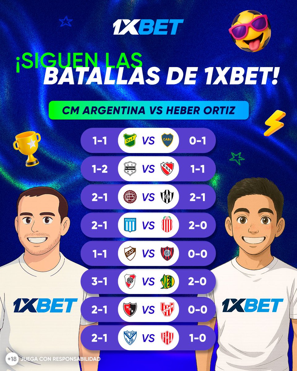 1xbet_arg's tweet image. Otra Batalla del CM de #1XBET contra los usuarios por un Promocode de $20 de regalo 🤑 Este combate es 100% fútbol argentino 🏆

Resultado acertado 1⃣ PUNTO
Resultado exacto acertado 2⃣ PUNTOS

El contrincante de esta semana es @josue19998. ¡Que gane el mejor! 🥊