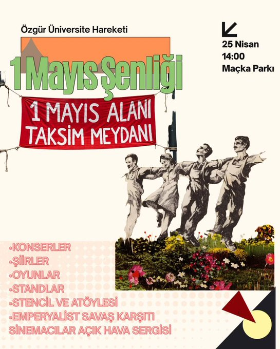 natoyuistemiyor's tweet photo. Özgür Üniversite Hareketi, '1 Mayıs Alanı Taksim Meydanı" diyerek düzenlenecek 1 Mayıs Şenliği'ni duyurdu

📍Maçka Parkı, İstanbul
🕑14.00
🗓️25.04.2026 https://t.co/uamiOdBsTG