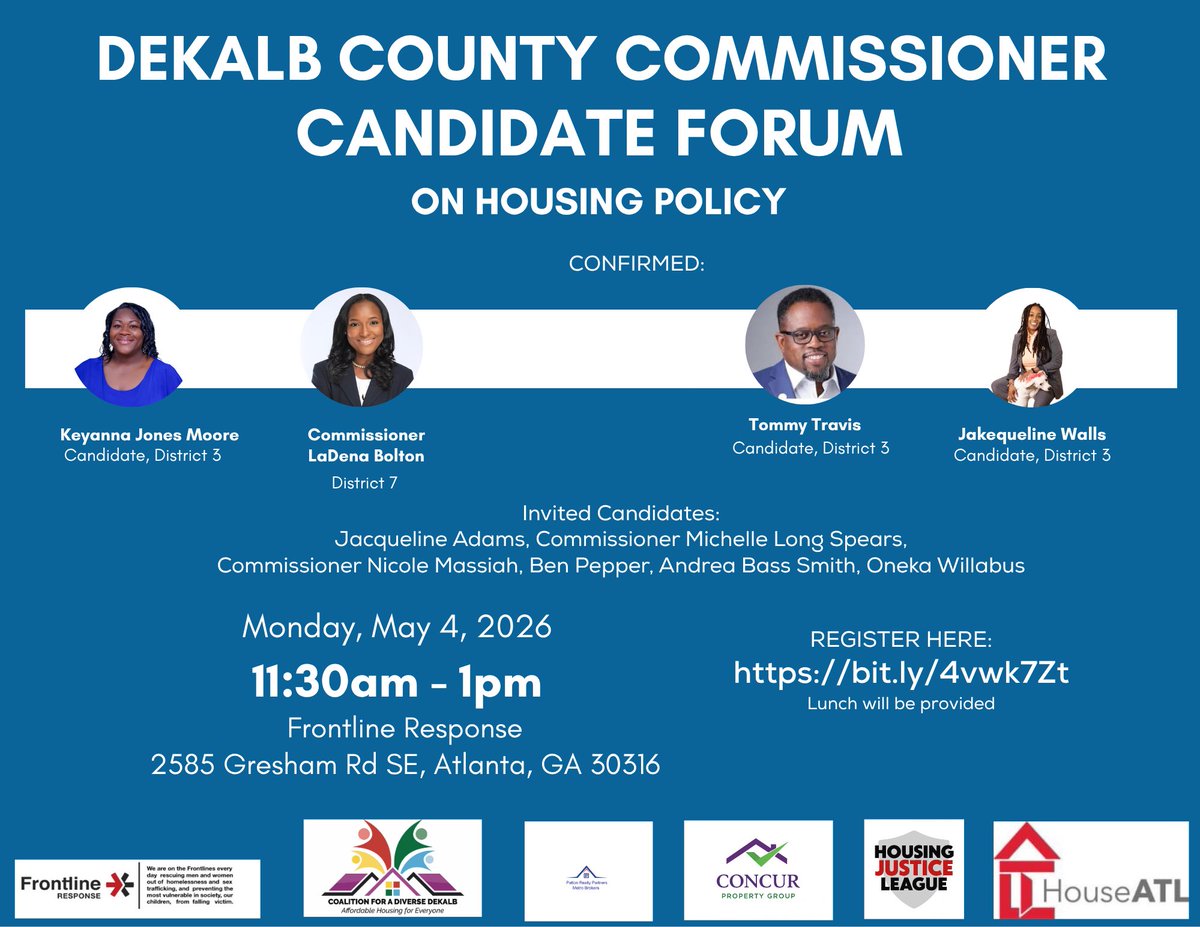 GeorgiaACT's tweet photo. Georgia ACT shares an opportunity to engage on housing policy. Join the DeKalb Commissioner Candidate Forum. Lunch provided. Register: https://t.co/ev3nE7dXwb

Reminder: BOC votes on the Support for the Unhoused Plan April 28 at 178 Sams St. Arrive by 9 AM for public comment. https://t.co/ROu08czgM1