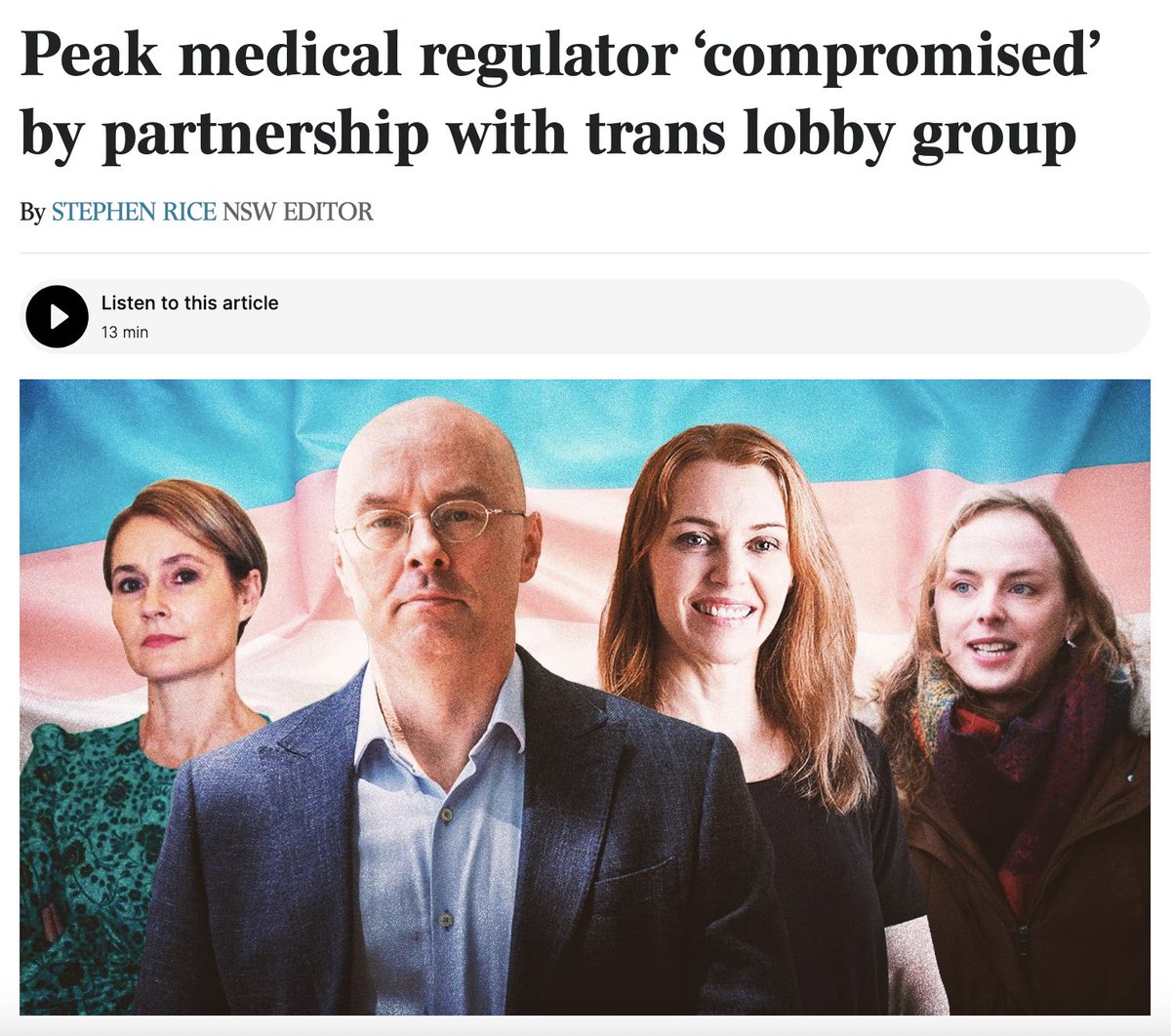 “Australia’s medical complaints system has been weaponised by gender activists using a compliant regulator to intimidate psychiatrists who speak out against gender-affirming treatment such as puberty blockers, while shielding doctors who promote them”
<a href="/ABCmediawatch/">Media Watch</a> <a href="/PatsKarvelas/">Patricia Karvelas</a>