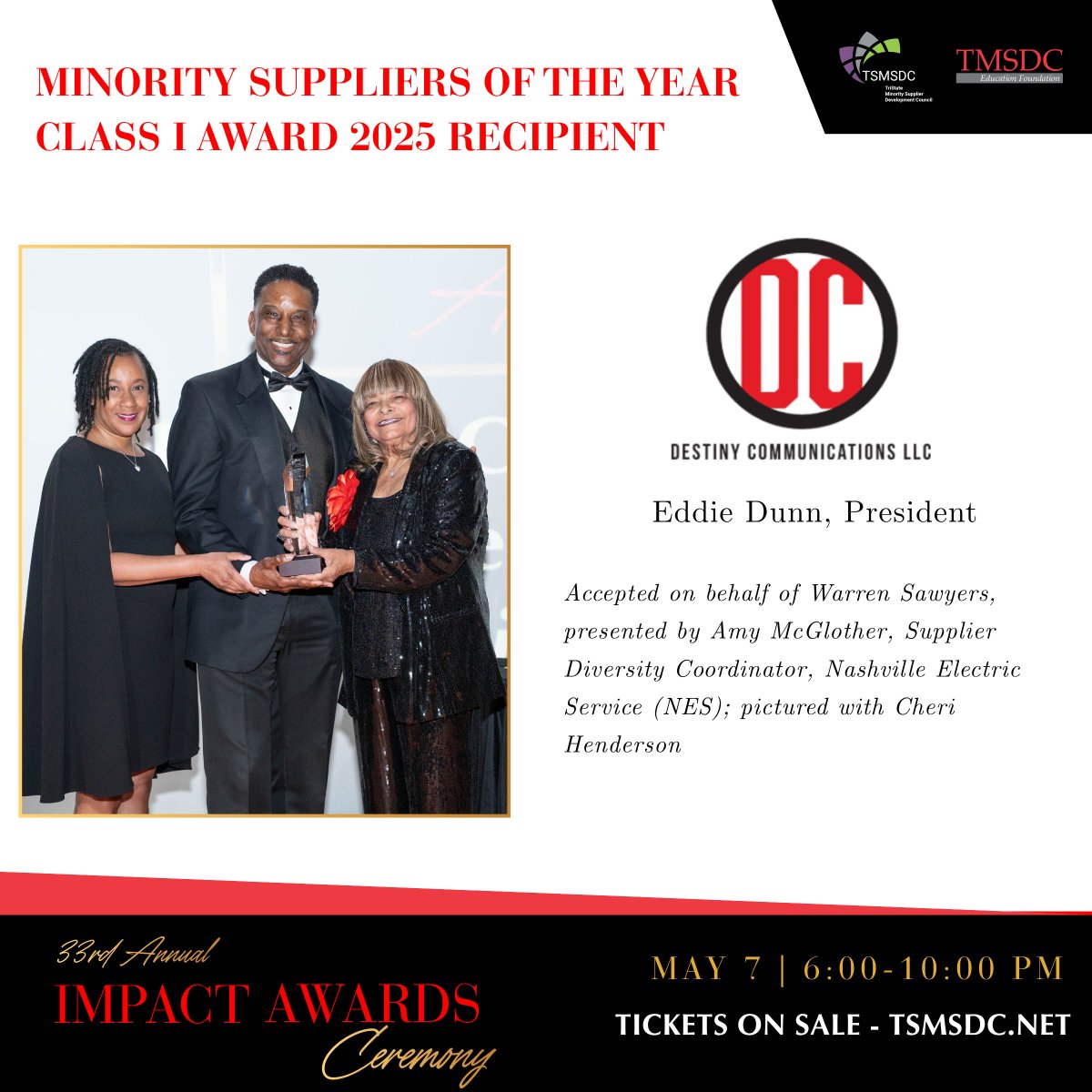 TriStateMSDC's tweet photo. 2025 Minority Suppliers of the Year recognized across four classes:
Class I: Destiny Communications
Class II: Atlas Management
Class III: S-Walk, Inc.
Class IV: EnovaPremier

Who will be honored in 2026?

Join us May 7: https://t.co/OnFNjwOAmO

#ImpactAwards2026 #TSMSDC https://t.co/Oo1IuAKmQv