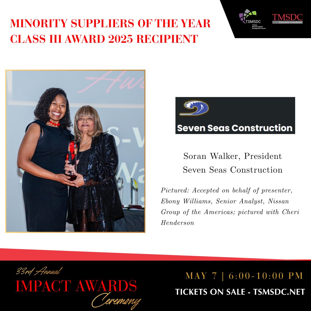 TriStateMSDC's tweet photo. 2025 Minority Suppliers of the Year recognized across four classes:
Class I: Destiny Communications
Class II: Atlas Management
Class III: S-Walk, Inc.
Class IV: EnovaPremier

Who will be honored in 2026?

Join us May 7: https://t.co/OnFNjwOAmO

#ImpactAwards2026 #TSMSDC https://t.co/Oo1IuAKmQv