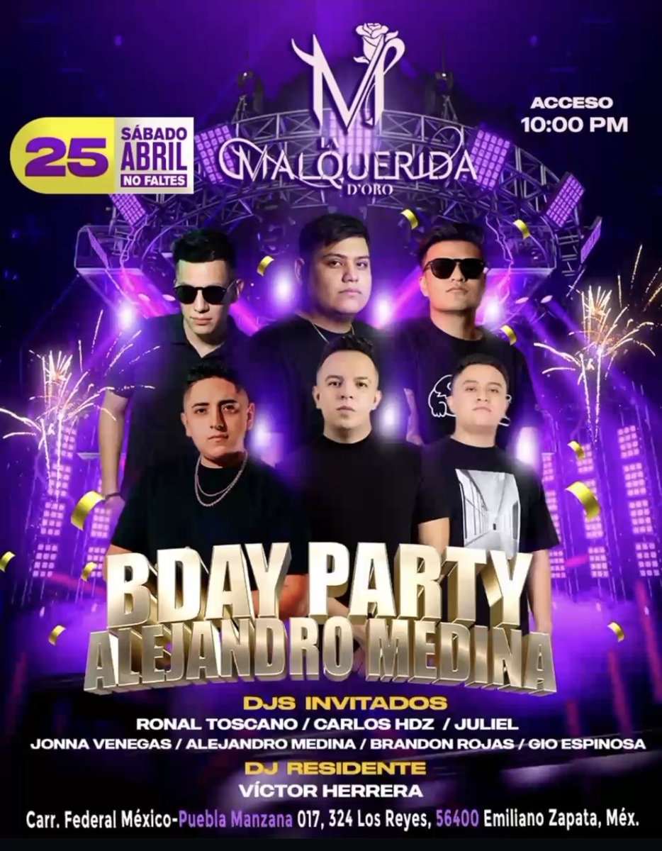 LaMalQueridaOro's tweet image. 🔥🎉 ¡Se viene una noche épica!
Celebramos en grande el BDAY de Alejandro Medina 🥳💜
Música, fiesta y el mejor ambiente 🎧✨
¿Listos para prender la noche? 🔥 #PartyTime