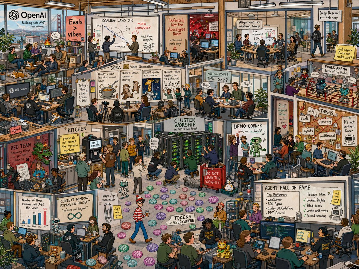 JeffLadish's tweet photo. "Draw me a highly detailed where’s Waldo Image, but of [Anthropic] [OpenAI] at their office. Make sure it search to make it funny with in-crowd jokes" https://t.co/Je7odeYaD7