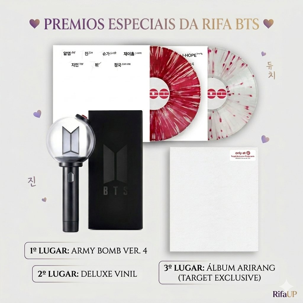 Oi, Army! Preparamos essa ação especial para trazer itens icônicos e exclusivos direto para a sua estante de forma acessível. 

Como funciona a arrecadação?

Todo o valor será revertido para a viabilização deste projeto: cobrindo o custo de compra dos produtos, as taxas de