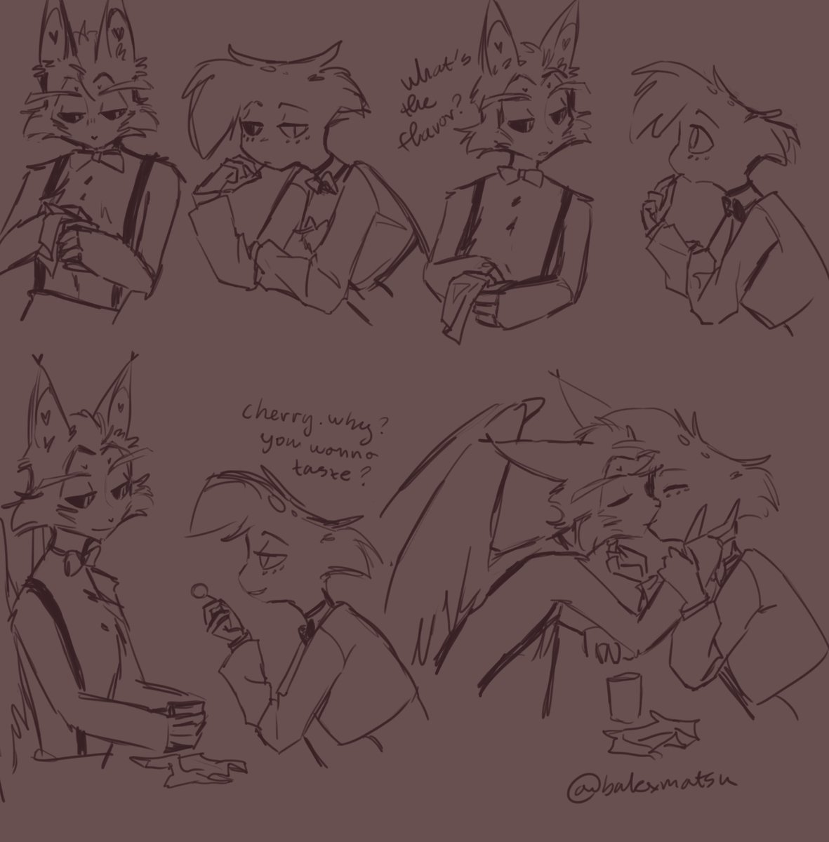 bakxmatsu's tweet image. I'm sorry I haven't been posting, I've been working on a #huskerdust making out animation promisee
Anyway I was eating a lollipop and thought of this