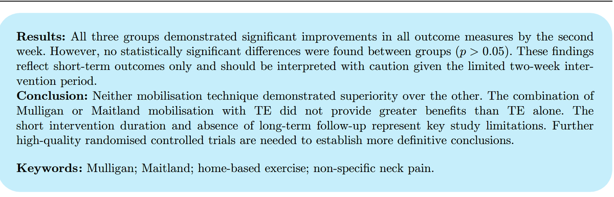 PhysioMeScience's tweet photo. Comparison of the short-term effects of  Mulligan and Maitland mobilisation techniques combined with home-based  exercise for non-specific neck pain: A RCT

https://t.co/atHhk0XH8T https://t.co/uBm5PBus02