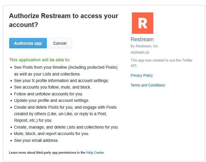Why would you need to like posts on my behalf?  Basically, you need to give away your account to use them. WTF

<a href="/Restreamio/">Restream</a>