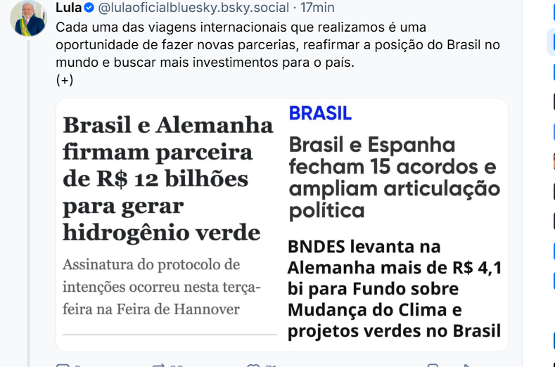 Será que eles preferem de novo um presidente que fica brincando de jetski enquanto o povo morre afogado nas enchentes?

Lula é outro nível, ele viaja levando o nome do Brasil mundo afora e firmando parcerias importantes para o país.
