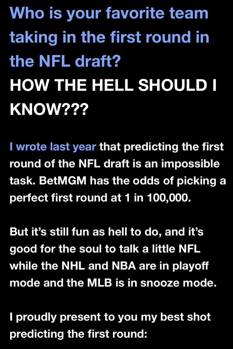 NFLFantasyBill's tweet photo. My 2026 mock draft for the NFL first round. Who ya got??? https://t.co/Q9GbRQVfPT