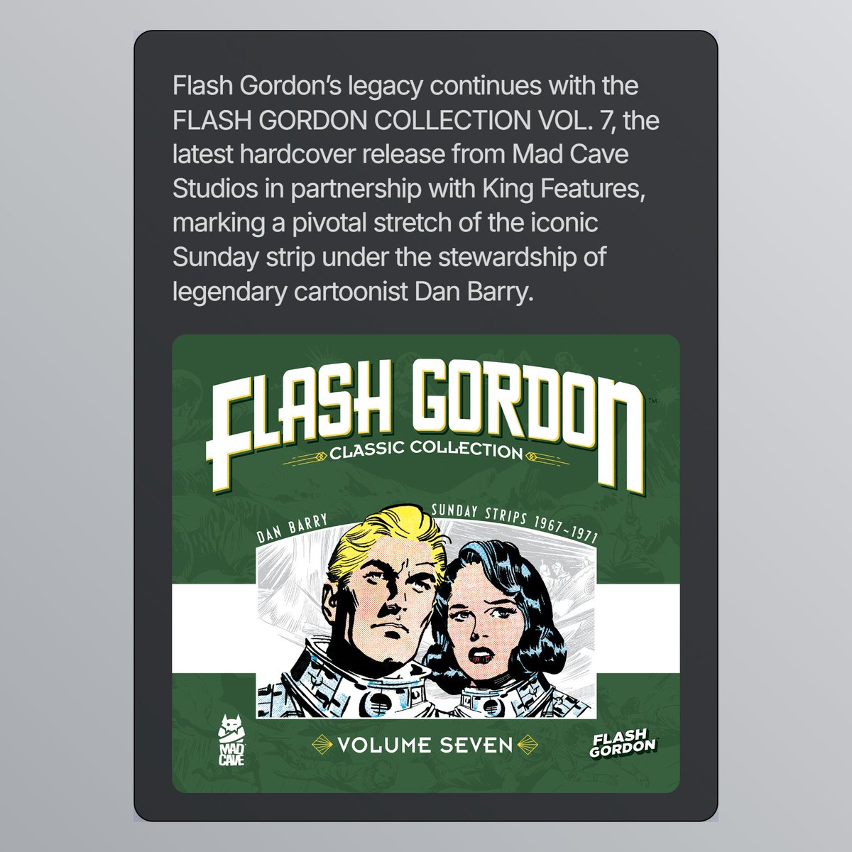 michaeljnimmo's tweet image. A sci-fi icon returns in a landmark Dan Barry collection

We’re up to the seventh volume of this classic collection from Mad Cave Studios. Check out Flash Gordon Classic Collection Vol. 7.

comics.3millionyears.co.uk/i/194771541/a-…

#FlashGordon #MadCave