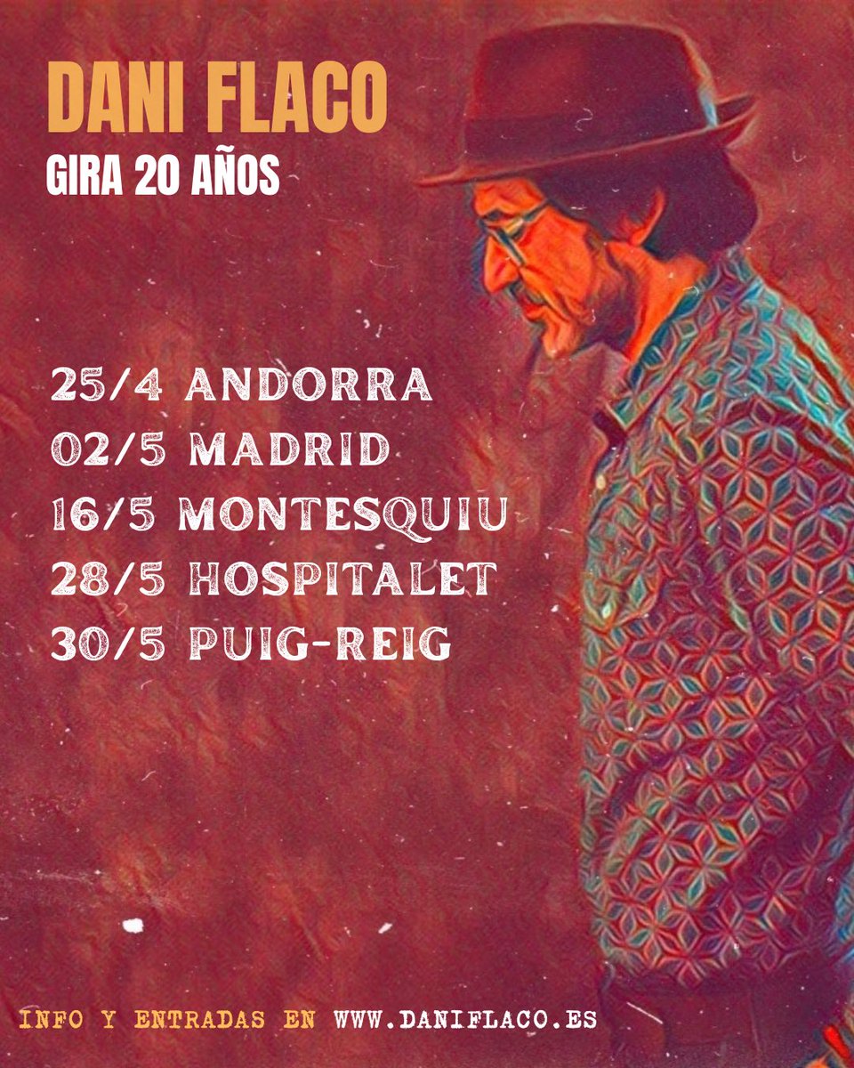 DaniFlaco_'s tweet image. PRÓXIMOS CONCIERTOS! Info y entradas en daniflaco.es
#gira20años #musica #conciertos