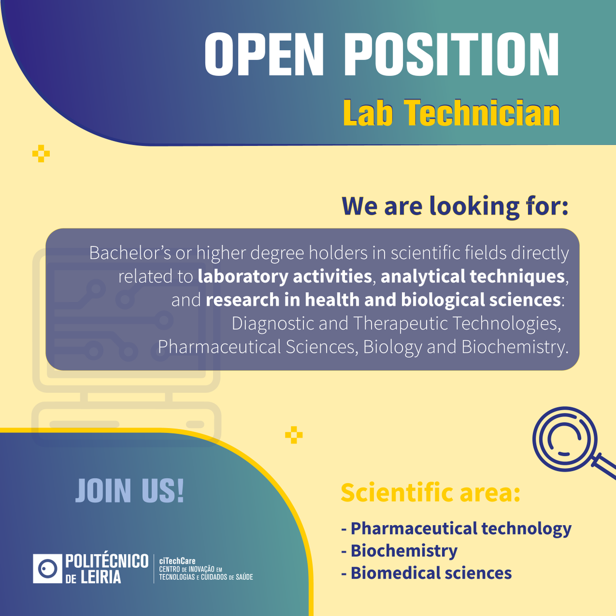 ciTechCare's tweet photo. • OPEN CALL FOR A LABORATORY TECHNICIAN•
We are #recruiting a #laboratorytechnician with an academic background in scientific areas directly related to laboratory activities, for a period of 12 months, is on going, until may 6.
Submit your application: 
https://t.co/oo6a5jKlw0 https://t.co/PLcSN5xudi