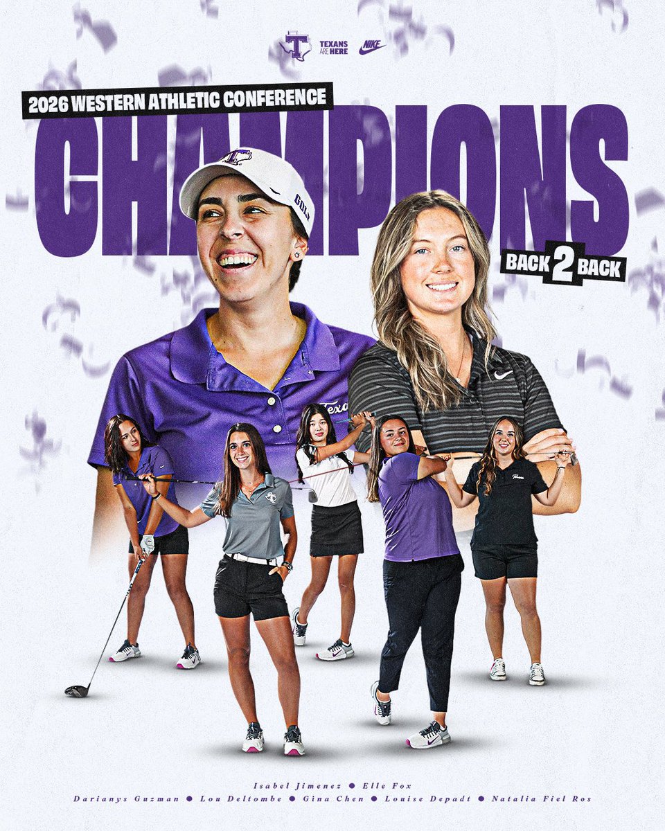TarletonPrez's tweet image. A BIG congratulations to our @TarletonWGolf team and coaching staff for repeating as @WACsports Conference Champions. Back-to-Back ⛳️🏌️‍♀️Champion Texans! Louis defending her individual title as well! #RollTexans #BleedPurple #ProudPrez