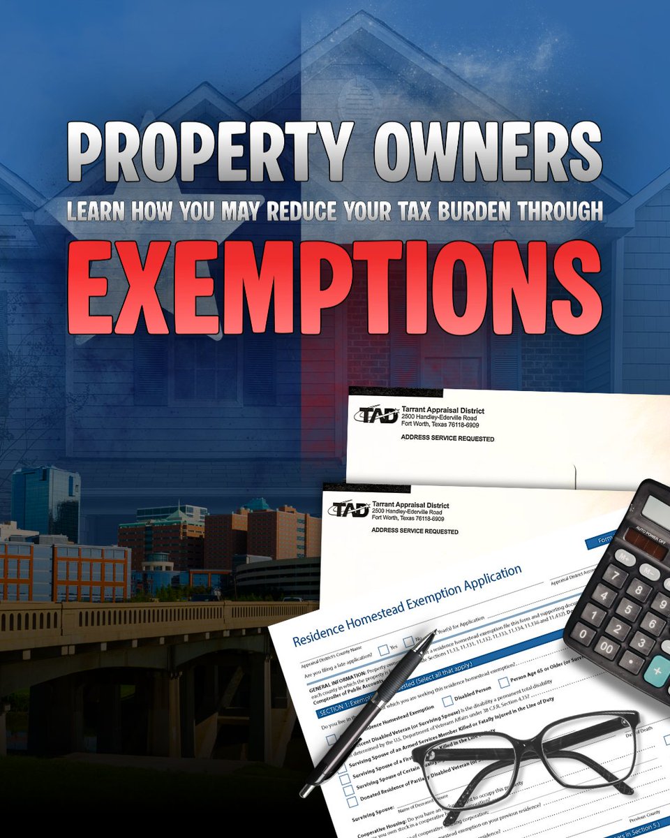 TarrantAD's tweet photo. Property owners have rights that may help reduce their property tax burden. Learn more about eligibility, important deadlines, and how to apply by visiting our website.

Read the full article here: https://t.co/RpDlbX5CjK https://t.co/IR96GLUCO0