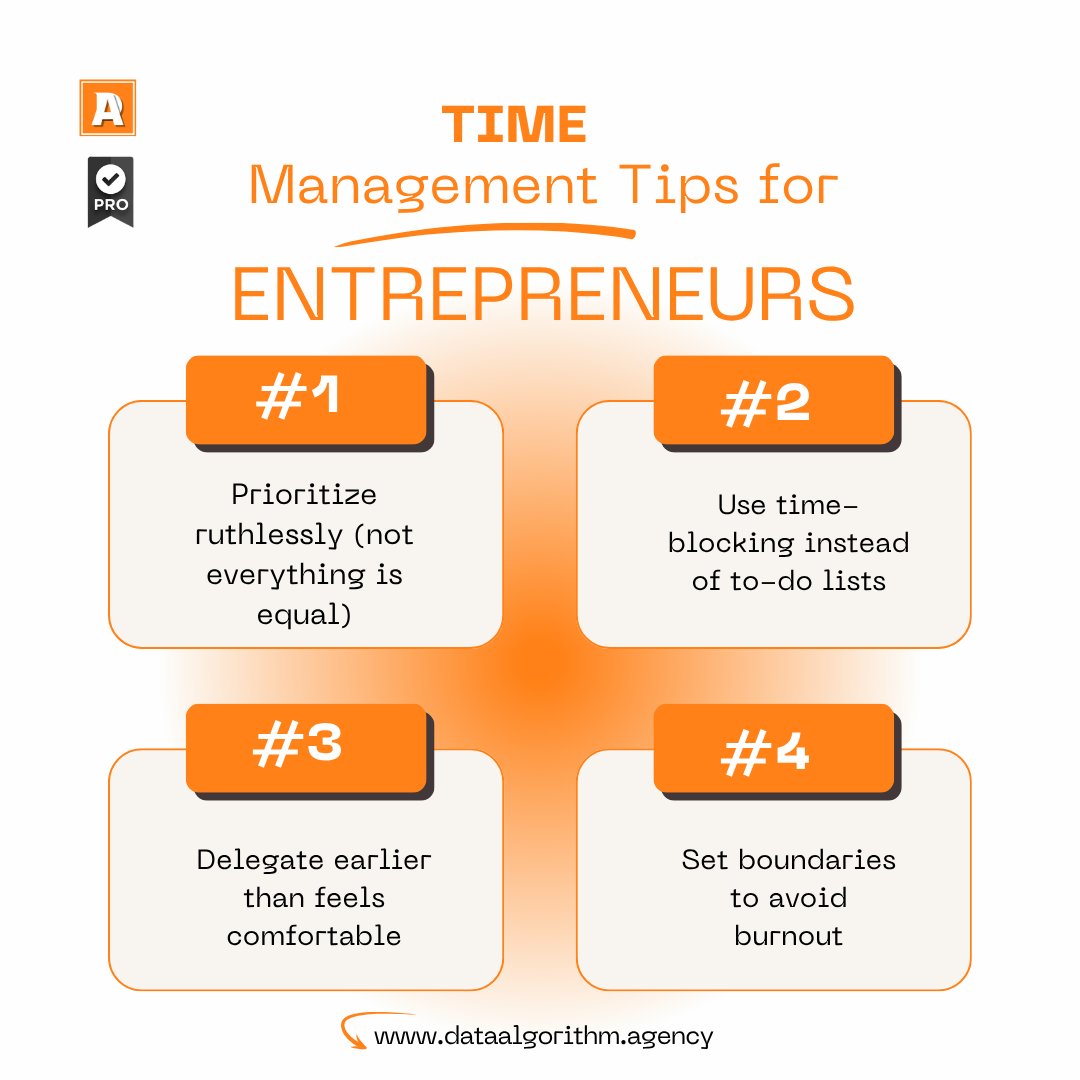 dataalgorithm's tweet photo. Running a startup feels like juggling 10 jobs at once—so managing your time isn’t survival, it’s strategy.

- Prioritize what drives growth
- Time-block your day
- Delegate sooner than feels right
- Protect your energy

#Entrepreneurs #Startups #GrowthHacking https://t.co/Ce5D78IyzW