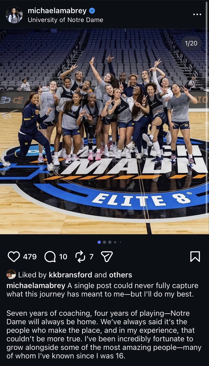 KyleMSmedley's tweet photo. Michaela Mabrey announced via Instagram that her time as a Notre Dame women’s basketball assistant coach is over after seven seasons.

She played for the Irish from 2012-16, then was a member of the coaching staff from 2019-2026. During those 11 seasons, Notre Dame went 296-75. https://t.co/c8L4eYR5Hk