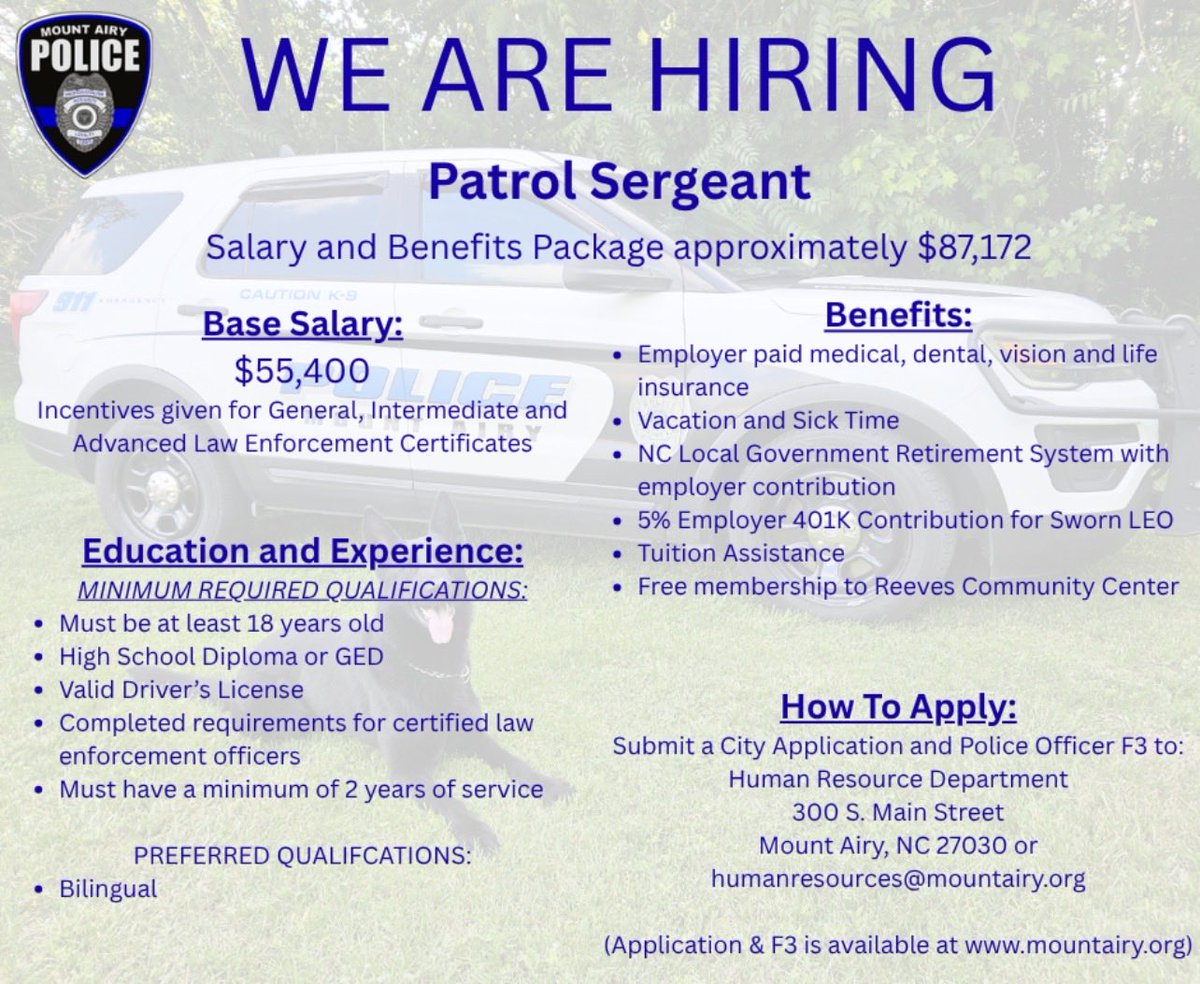 CityOfMountAiry's tweet photo. Come join an amazing team with the City of Mount Airy! Call 336-786-3530 for more details! https://t.co/aVuDoBeeC8