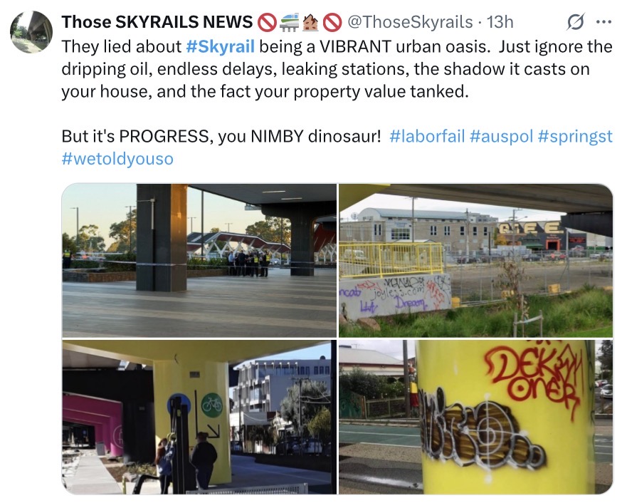 Llib7's tweet photo. #skyrail has been successful. Yes it won’t fix every urban problem  (kids playing in a playground is not an urban problem and you shouldn’t be taking photos of them but then again you take photos of homeless people) anyway yeah lots of greenery, home values way  up and a success https://t.co/c52r2XdSDC