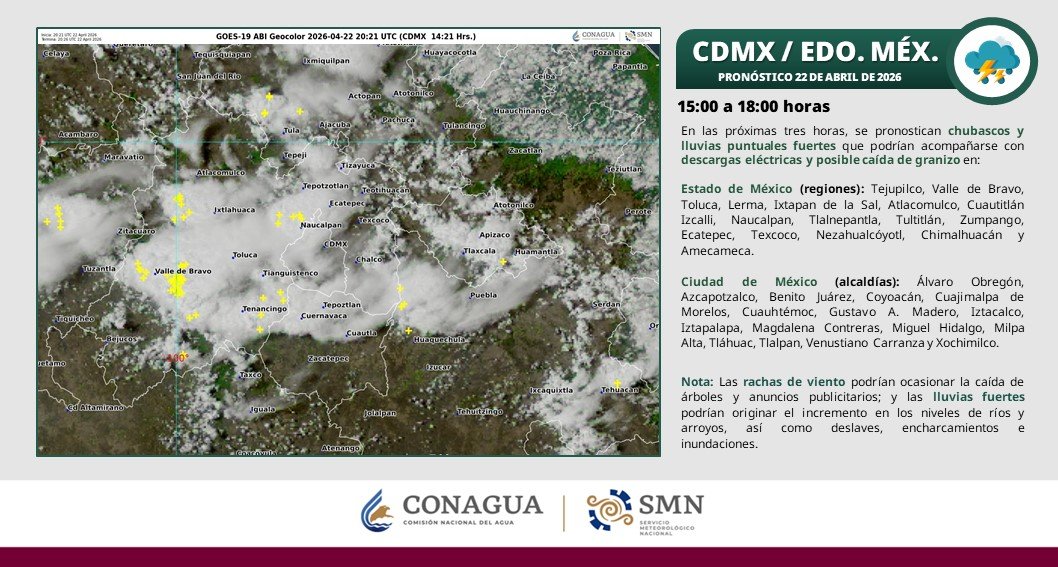 conagua_clima's tweet image. Se pronostican #Chubascos con #Lluvias fuertes, #DescargasEléctricas, caída de #Granizo y #Rachas de #Viento de hasta 45 km/h, en zonas de la #CDMX, #EdoMéx y estados del centro de la República Mexicana, durante las siguientes horas  ⬇️