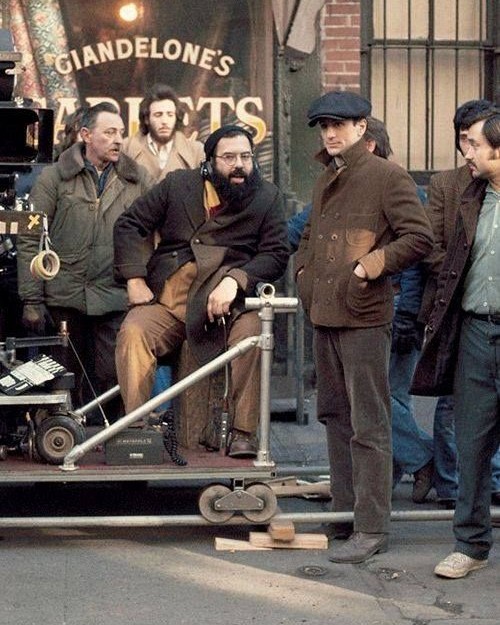 Director Francis Ford Coppola and Robert De Niro during filming "The Godfather, Part 2," 1974.