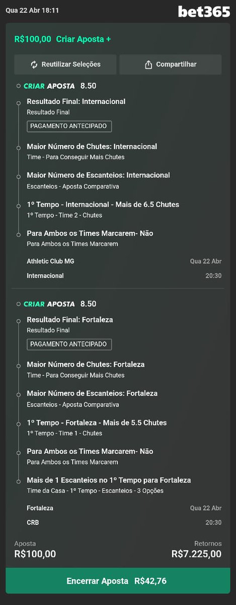 Bingão Odd 72🔥
Gostei dessa pra hoje na Copa do Brasil.

#bet365
Chama no amasso dos favoritos, Internacional e Fortaleza!