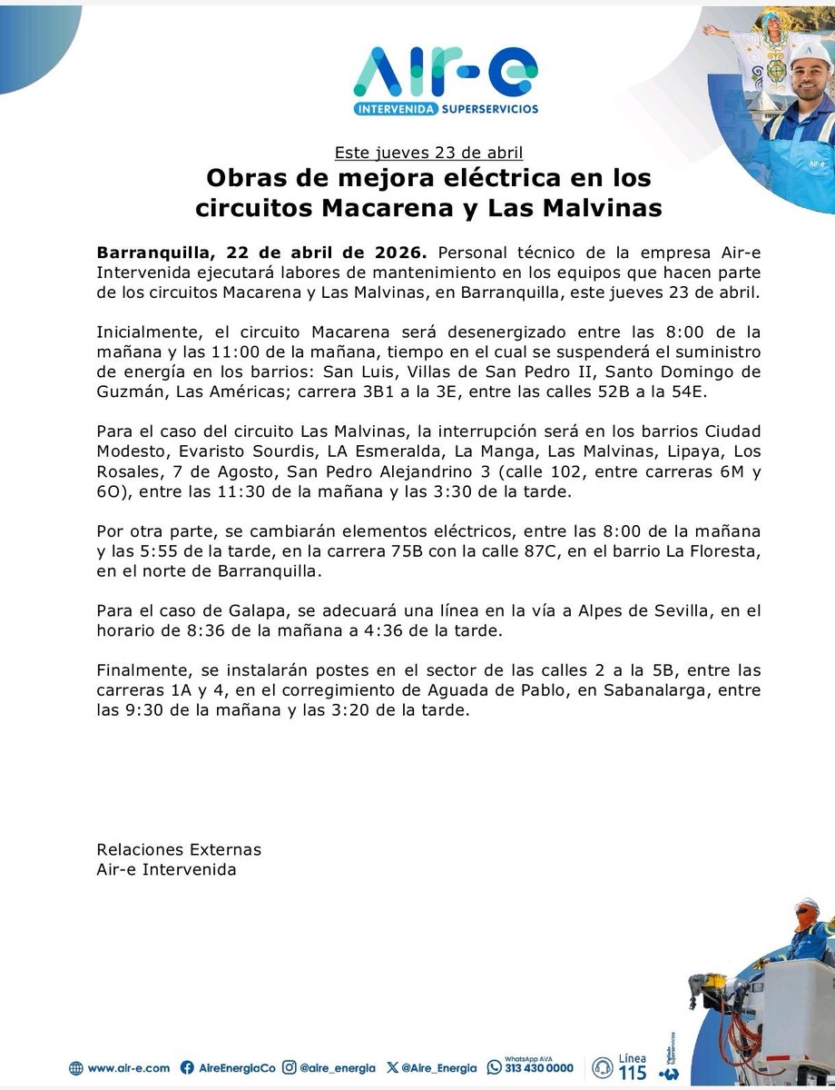 Aire_Energia's tweet image. #MejorasProgramadas en el #Atlántico 🌀
Este jueves 23 de abril se realizarán trabajos en la red eléctrica en sectores de Barranquilla, Galapa y Sabanalarga.

🔌 Barranquilla
Circuito Macarena ⏰ 8:00 a.m. – 11:00 a.m.
Sectores: San Luis, Villas de San Pedro II, Santo Domingo,