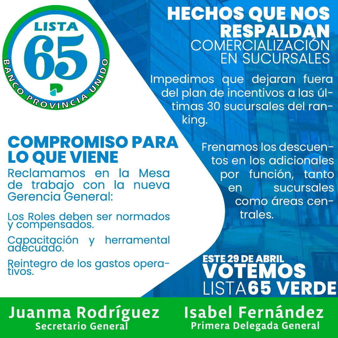 HECHOS QUE NOS RESPALDAN, COMPROMISO PARA LO QUE VIENE

DOTACIÓN Y PROMOCIONES - COMERCIALIZACIÓN EN SUCURSALES 

LISTA 65- BANCO PROVINCIA UNIDO