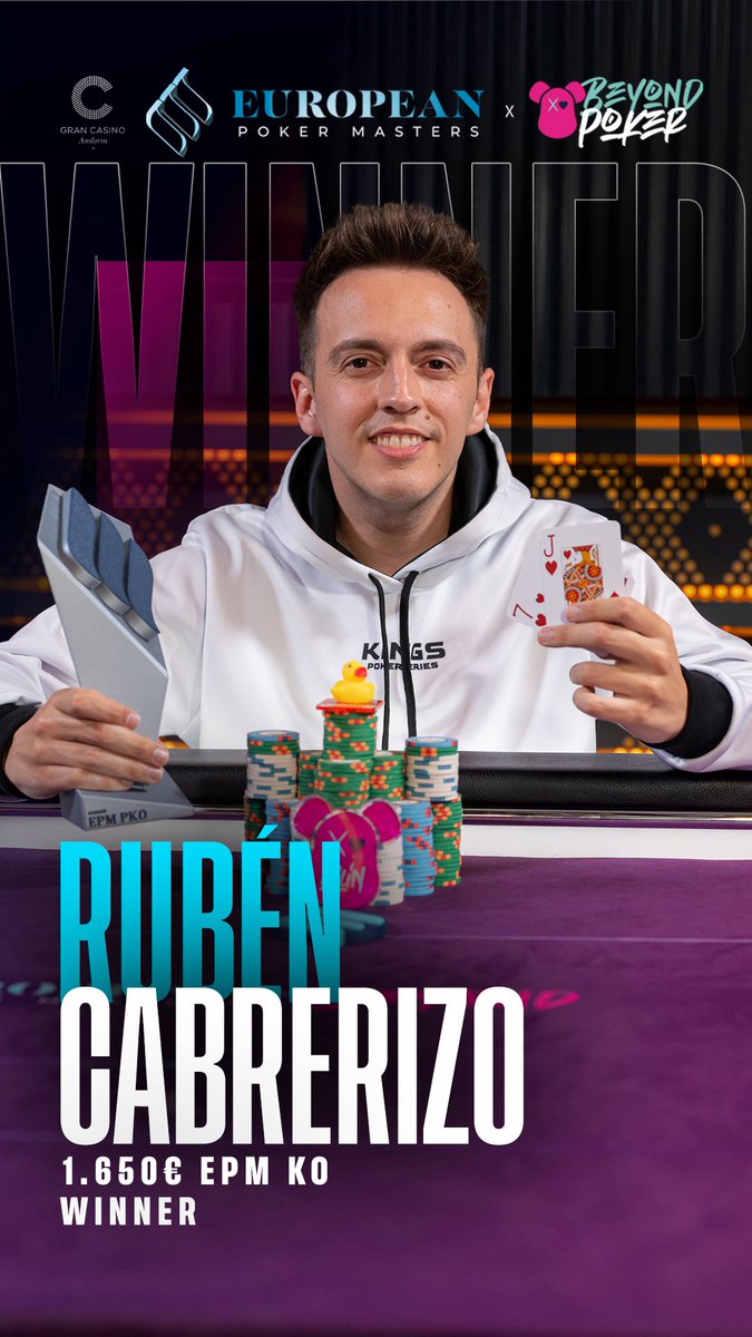 EUPokerMasters's tweet photo. 🏆 Rubén Cabrerizo takes it down!
@EUPokerMasters x @Beyond_Poker

After dominating the final table, he claims the victory in the
#2 EPM KO €1,650 (600€ KO) 💥

🔥 Strong performance from start to finish

Who’s next to shine in Andorra? 🃏

#EUPokerMasters https://t.co/tHCWwx3bVA