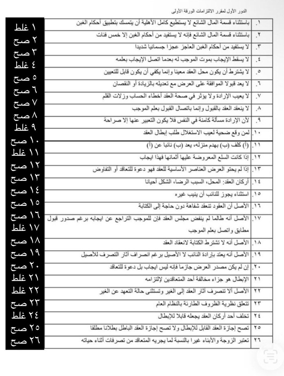 A1782213's tweet photo. إلى الزملاء في الفرقة الدراسية الثانية حل اسئلة سابقة صح وخطأ التزامات الكتاب الأول 👇🏻

في حال التنبيه على وجود خطأ راح اضيفه تحت التغريدة.

🛑 في بعض الصور الاجابات فيها غير متناسقة مع السؤال تأكدوا من رقم السؤال ورقم الإجابة وأسال الله التوفيق للجميع.

@sm7q8 
@law_hammer21 https://t.co/yZRN8GejHx
