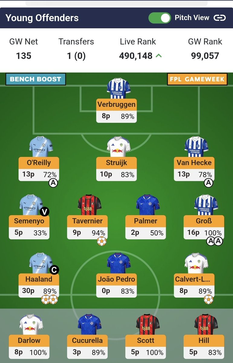 KerryCournane's tweet photo. @GameweekGuru JP and Palmer sickened me, thought I'd go top of my Work Mini League but still 12 points off https://t.co/tUdQkaADwY