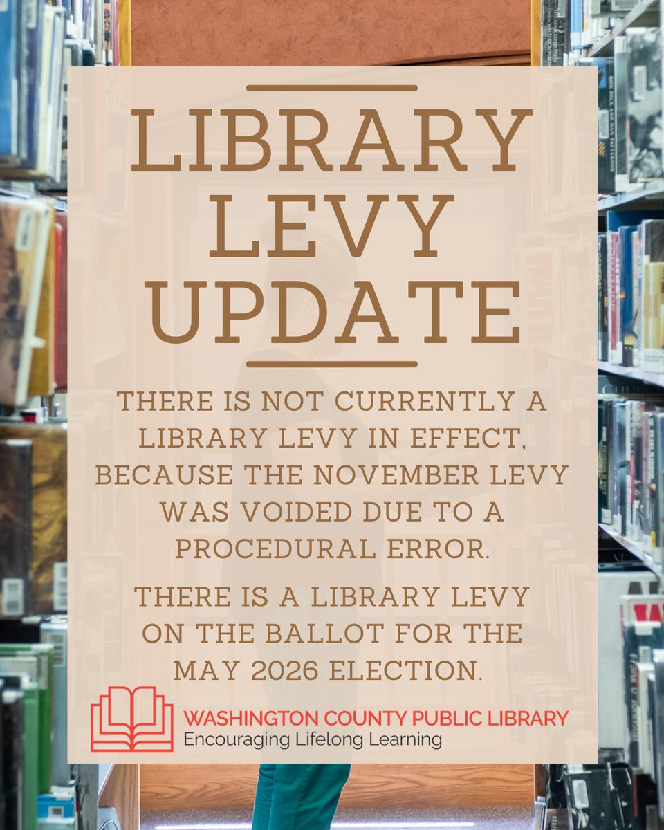 WCPLOhio's tweet photo. There is not currently a library levy in effect because the November levy was voided due to a procedural error.
There is a library levy on the ballot for the May 2026 election. https://t.co/KEKjihQKuY
