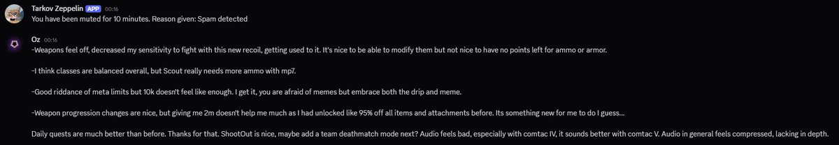 OzzSah's tweet photo. @tarkovarena Fuck your bot in arena discord. You ask for feedback, and it instantly deletes your feedback if it is long. Are you mentally challenged? https://t.co/zdxp6ClrjO