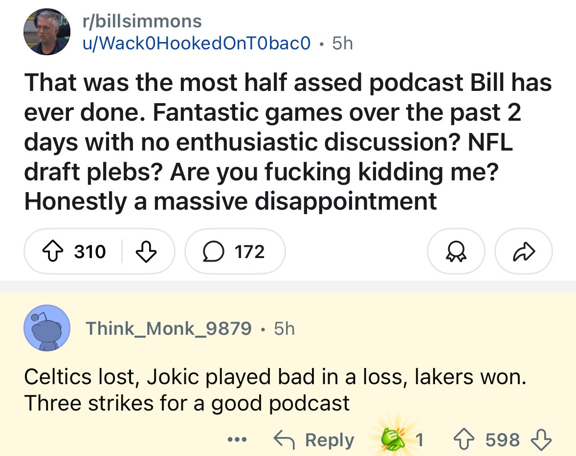 The r/BillSimmons Podcast tweet media