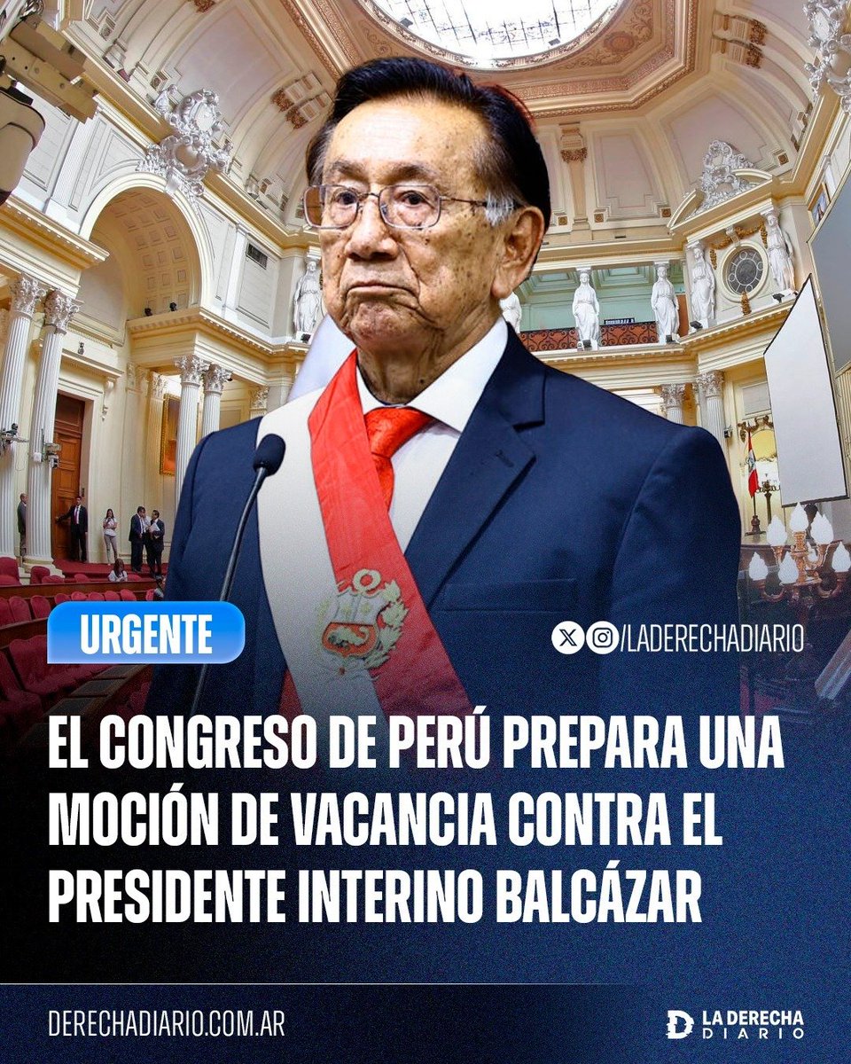 🚨🇵🇪 | VIEJO NO DURA NADA: El Congreso de Perú prepara una moción de vacancia para destituir al presidente comunista interino José María Balcázar, quien asumió el cargo hace tan solo 63 días, ante el fraude electoral impulsado por la izquierda en las elecciones presidenciales.