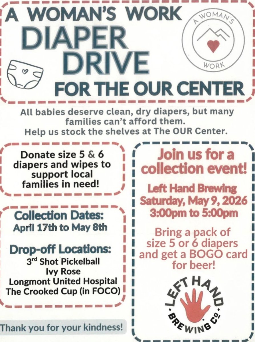LUHFoundation's tweet photo. The LUH Foundation has helped place two drop off locations for the "A Woman's Work Diaper Drive" within the Hospital! One in Registration and one within the Suite 400 woman’s clinic waiting room!
Join them for a collection event on Sat, May 9th, 3-5pm, at @LeftHandBrewing https://t.co/LmBZPul1C2