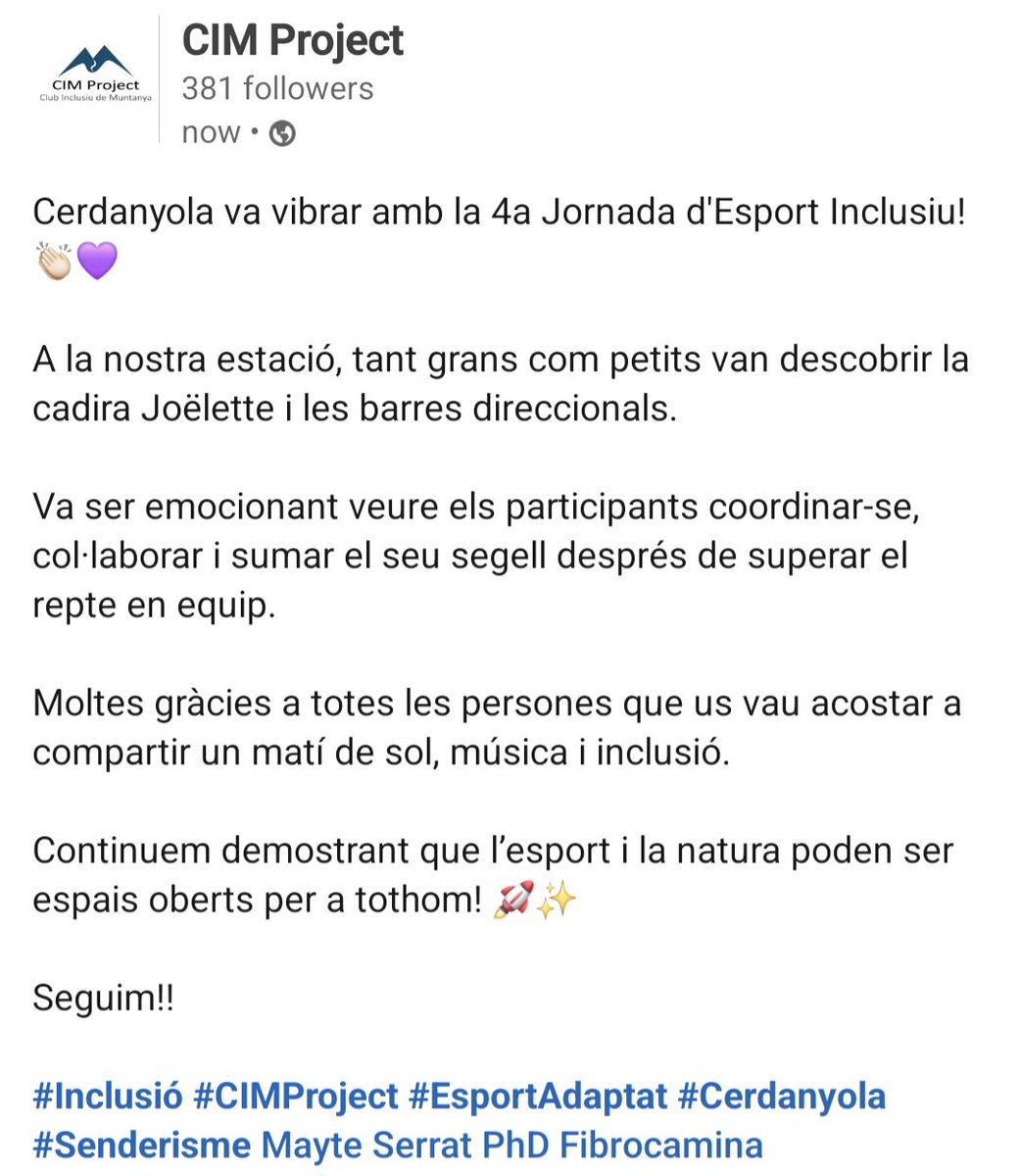 somcimproject's tweet photo. Cerdanyola va vibrar amb la 4a Jornada d'Esport Inclusiu! 👏🏻💜
Continuem demostrant que l’esport i la natura poden ser espais oberts per a totes les persones! 🚀✨
Seguim!!
#Inclusió #CIMProject #EsportAdaptat #Cerdanyola #Senderisme https://t.co/k1YGUxtHI2