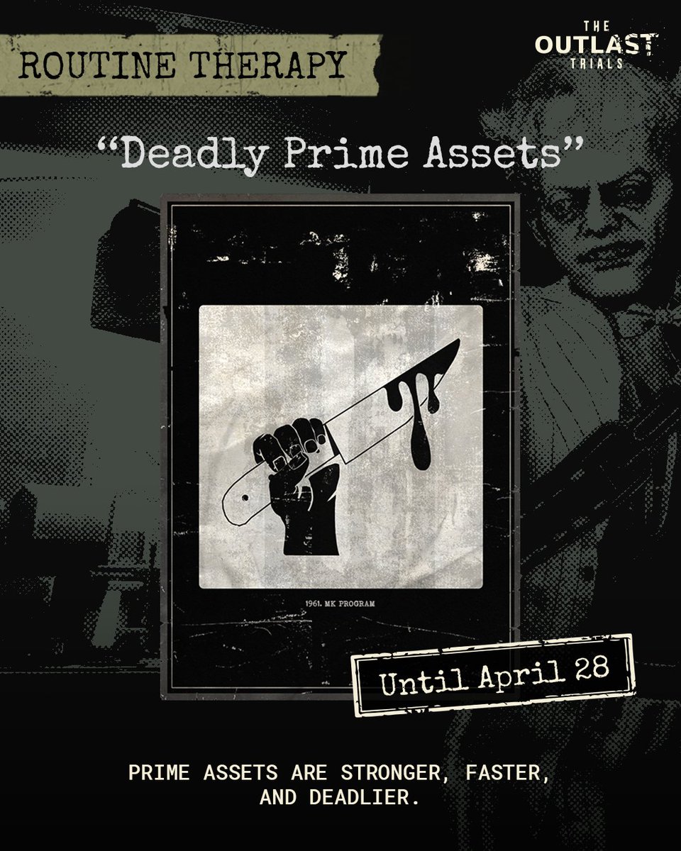 TheRedBarrels's tweet image. Prime Assets are stronger, faster, and deadlier during this Routine Therapy in #TheOutlastTrials! 🔪 What are you more likely to do when face to face with a Prime Asset: run, hide, or attack?
--
Les actifs principaux sont plus puissants, plus rapides et plus mortels pendant cette