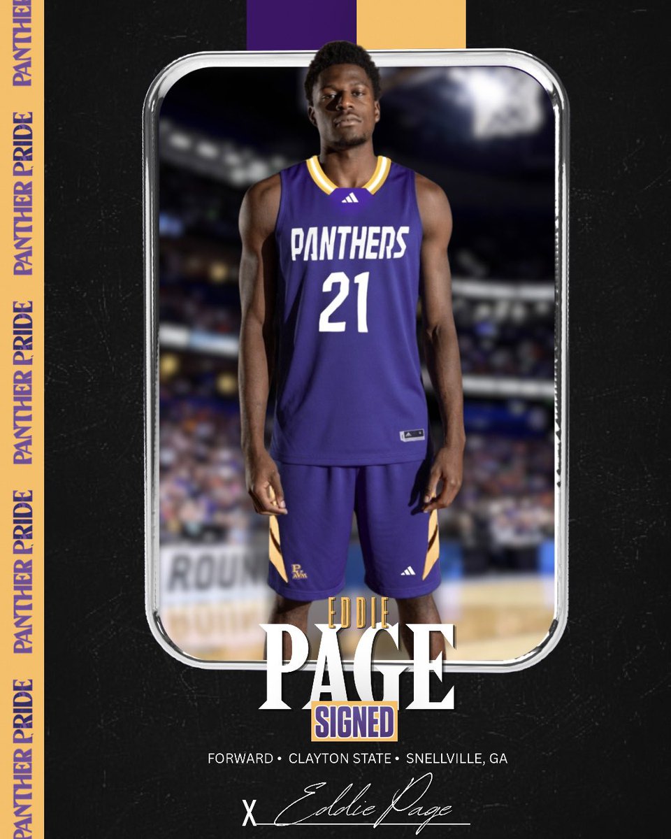 PVAMU_MBB's tweet image. 𝐒𝐈𝐆𝐍𝐄𝐃 ✍️
Eddie Page is officially a Panther 🐈‍⬛

•Led his team with a 59.7% field goal percentage
•Grabbed 111 total rebounds in 18 games
•Season high of 18PTS &amp;amp; 4BLK vs USC-Beaufort

Help us welcome Eddie to The Hill!! 🟣🟡

#PvamuMBB | #PantherPride