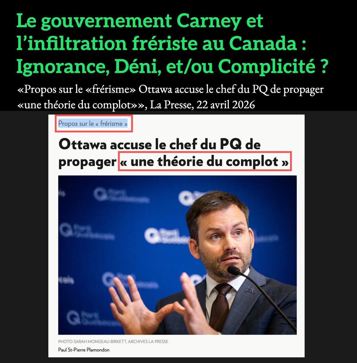 yclaude's tweet image. @partiquebecois @PaulPlamondon @FBBlackler 
Le gouvernement Carney et l’#Infiltration_frériste au #Canada :
#Ignorance, #Déni, et/ou #Complicité ?
*
L’infiltration frériste au Canada et au Québec (via QS et le réseau islamiste/palestiniste, etc.), est pourtant bien documentée,