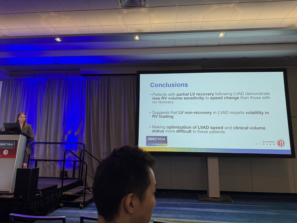 MayoTransplant's tweet photo. @SaraInglisMBBCh presenting her PV loop study in recovery after LVAD @ISHLT 2026
“Patients with partial LV recovery following #LVAD implantation demonstrated less #RV volume sensitivity to speed change than non-responders.” https://t.co/bQ8EIQo8iG
