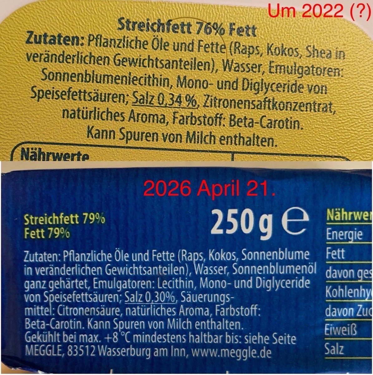 MirtenFrequency's tweet photo. Achtung #Veganer:innen, &amp; #gesundheitsbewussten Menschen! #Meggle hat seit den letzten Jahren, die #Shea Butter (Fett), in ihrem #Veganen #Steichzart durch #Sonnenblumenöl #ersetzt! Bitte beachten, ich habe das ebenfalls erst seit kurzem bemerkt! Siehe Bild zum Vergleich. #vegan https://t.co/NVm9IZK6td