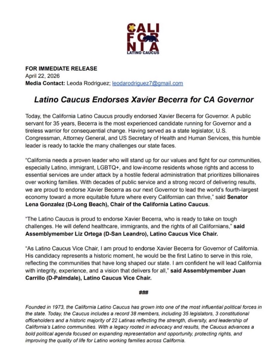 CASpeakerRivas's tweet image. A proud moment in history for our community. I stand with Xavier Becerra and the Latino Legislative Caucus.

As the son of immigrants, I’ve seen the strength and sacrifice that define Latino families across CA. Together, we’re building a future where every Californian can thrive.