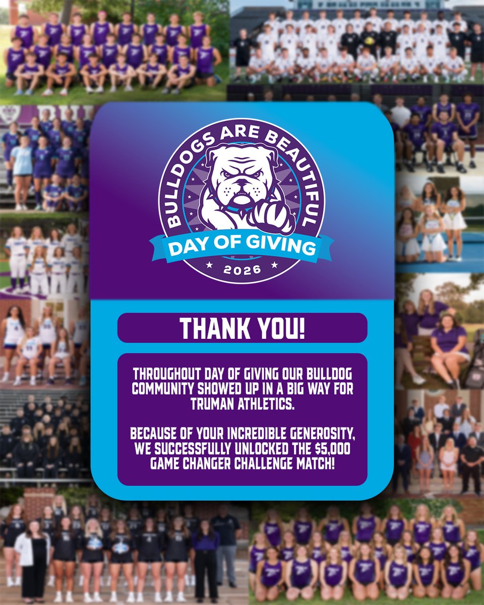 TrumanAthletics's tweet photo. 🐾 From our student-athletes to you, THANK YOU! 
Because of you, Truman Athletics is stronger, our student-athletes are empowered, and the Bulldog legacy charges forward with unstoppable momentum. The game has changed, and we’re just getting started. https://t.co/ZuDuljh16b