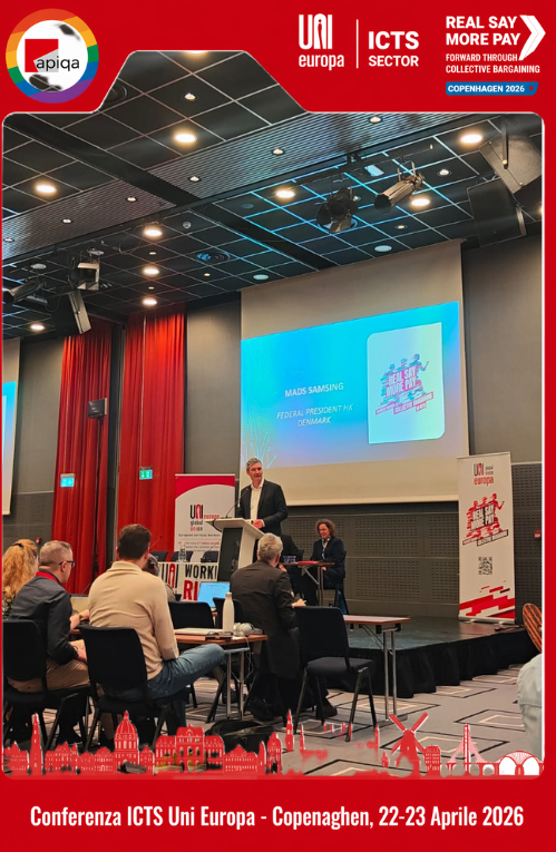 ApiqaCgil's tweet photo. 🟥 Conferenza ICTS UNI Europa al via a #Copenaghen.
Apiqa, con @SlcCgil e #Filcamscgil, insieme per rafforzare la voce di lavoratrici e lavoratori.
Innovazione sì, ma non sulle spalle del lavoro.
#Contrattazione e dialogo sociale sono la chiave.
#realsaymorepay #ICTS #lavoro #AI https://t.co/gF8gHHTuYA