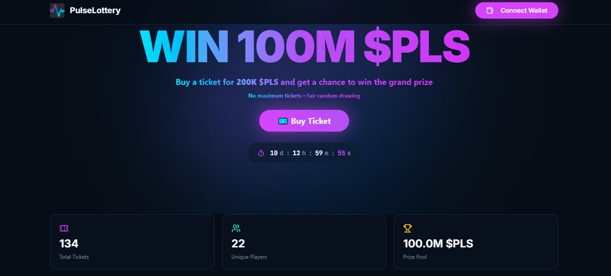 The biggest lottery round ever is live on pulse-lottery.com 🔥🔥🔥

You can get a chance to win 100M $PLS, buy one ticket for 200k $PLS, there's no ticket limit, already 134 tickets bought and 22 wallets in, the round ends in just 10 days 13 hours!!

Good luck