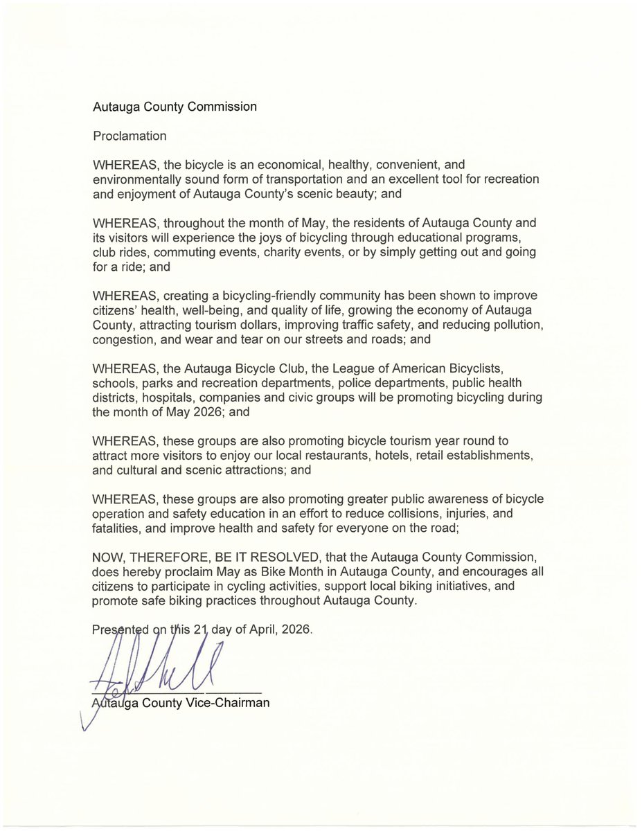 We may be 9 days away from the start of May IS Bike Month for 2026, but the City of Selma and Autauga County are the first 2 city, county, or state government entities to pedal in with Proclamations for 2026. 

More info is @ MgmBikeClub.org/BikeMonth about the cycling celebration!