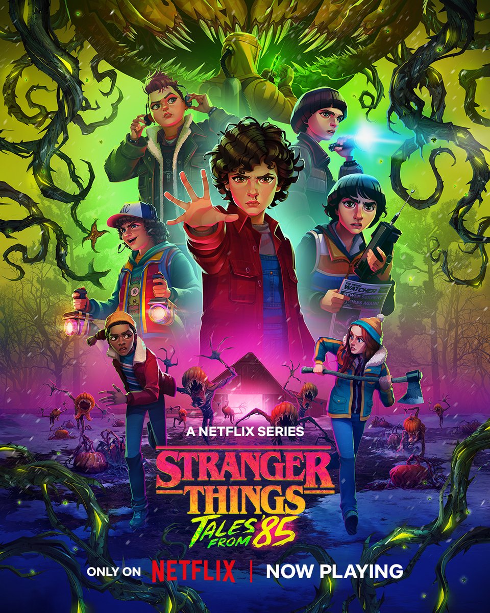 Stranger_Things's tweet image. it's winter in Hawkins, and new threats are lurking beneath the snow. Tales From '85 is now streaming.
