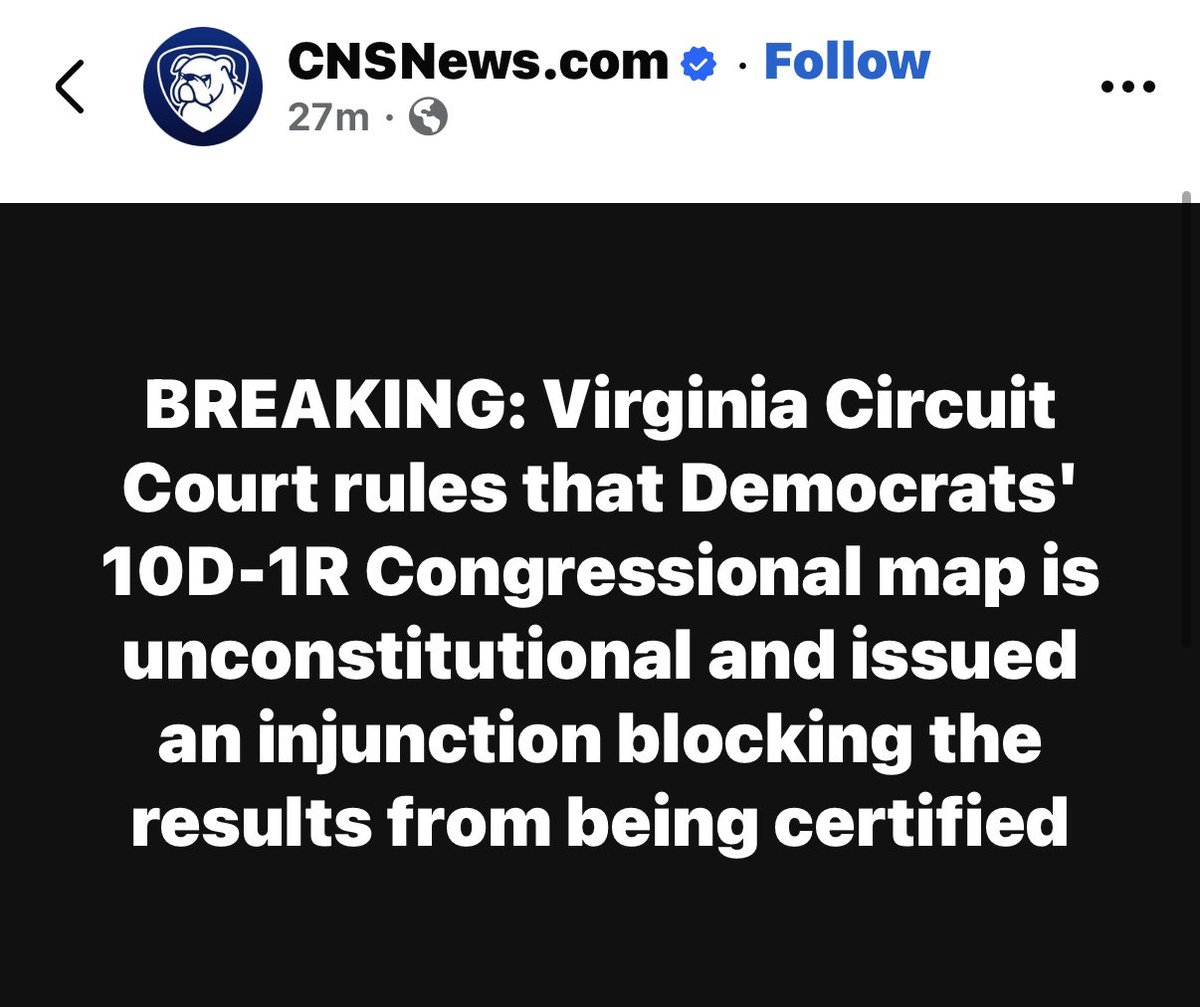 WellsJorda89710's tweet image. 🚨 BREAKING 🚨

Virginia Circuit Court just ruled Democrats’ 10D-1R Congressional map UNCONSTITUTIONAL — and slammed an injunction blocking certification of the results!
Fair maps just scored a massive victory in the Old Dominion. Game on. ⚖️🇺🇸

#Virginia #Redistricting