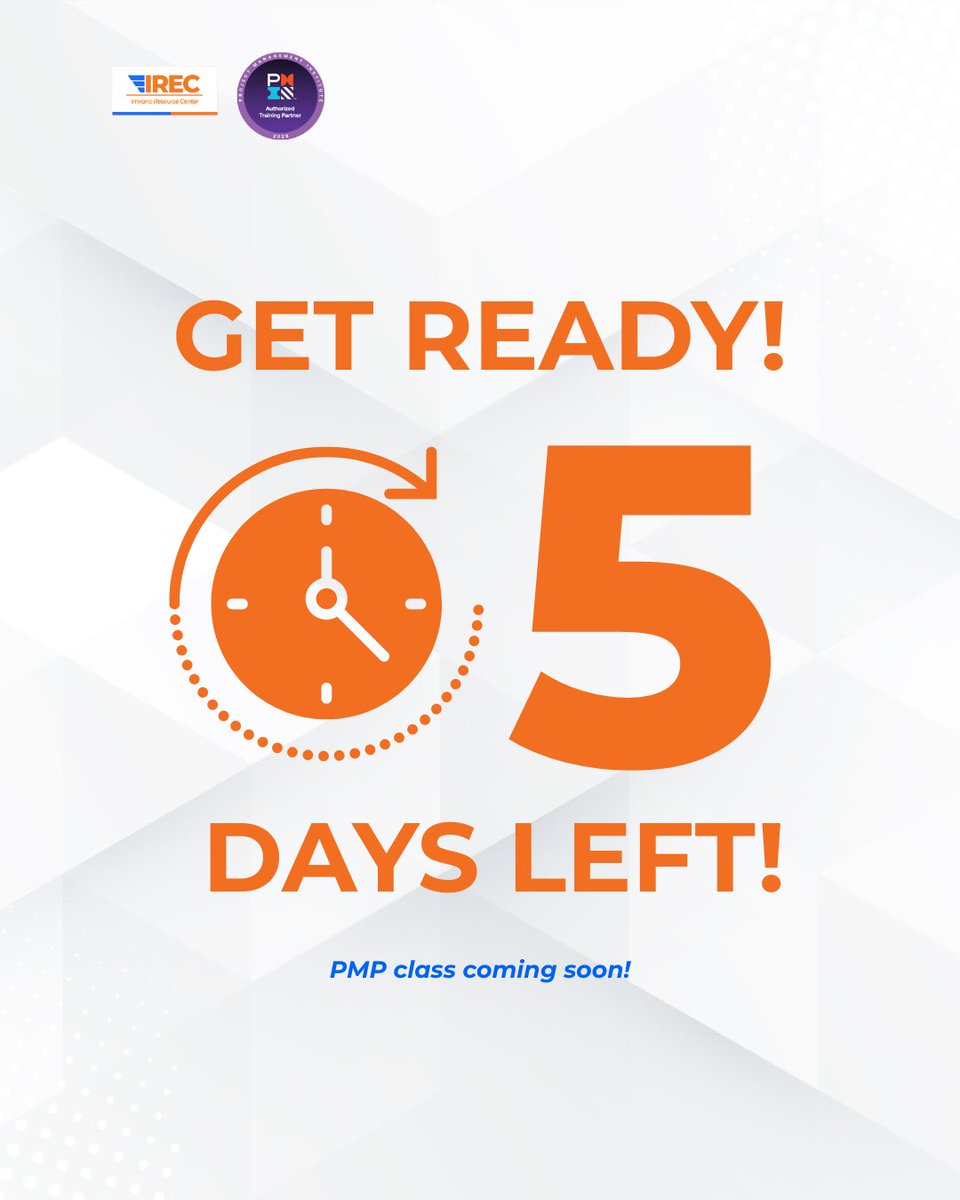 The count down just started! 

We are only 5 days to our PMP masterclass! 

Don’t miss it out! This will a great opportunity to elevate your skills and career from well structured and expert led training and peer discussions. 

For more info: +250 788 811 082/ +250 780 122 274